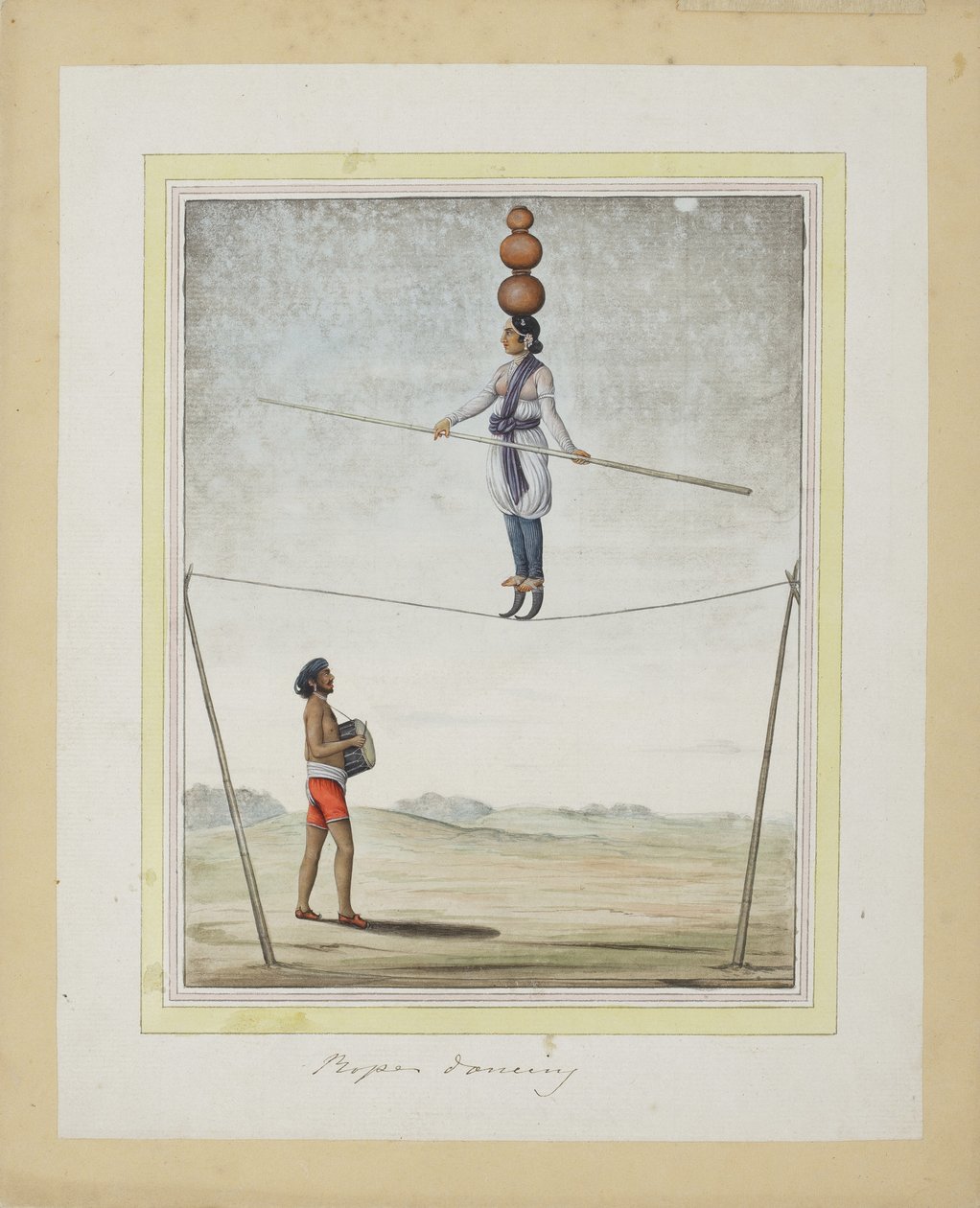 Acrobat on a tightrope, trummis nedan, c.1820 (ogenomskinlig wc på papper) av Indian School