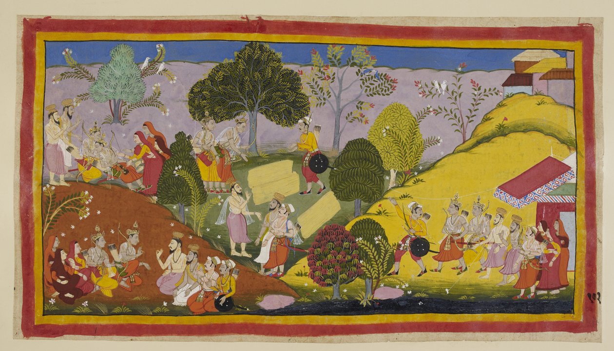 Lägg till 15296 (1) f.101r, Till vänster svimmar Bharata i sin extrema nöd efter att ha hört Guha
