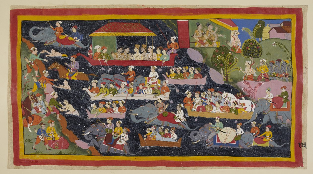 Lägg till 15296 (1) f.103r, De två prinsarna har nu bestämt sig för att bära asketernas kläder som sina landsförvisade bröder. Fortfarande i deras läger till höger, säger Bharata till Guha att hämta tillräckligt många båtar för att transportera dem alla ti av Indian School