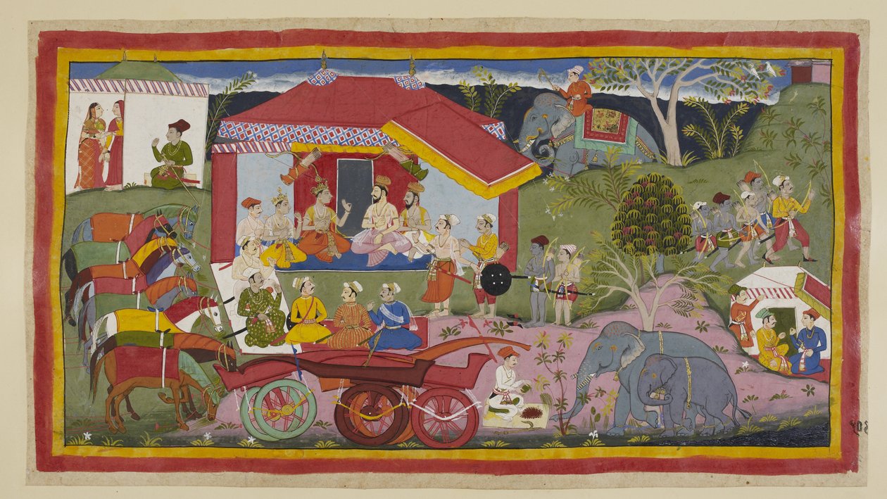Lägg till 15296 (1) f.104r, I en lägerplats introduceras Guha the Nishadaking i mötet mellan prinsar, brahminer och ministrar. Hästarna, utan ok från vagnarna, står i en rad tjudrade och trasslade, medan en mahout förbereder krut för de av Indian School