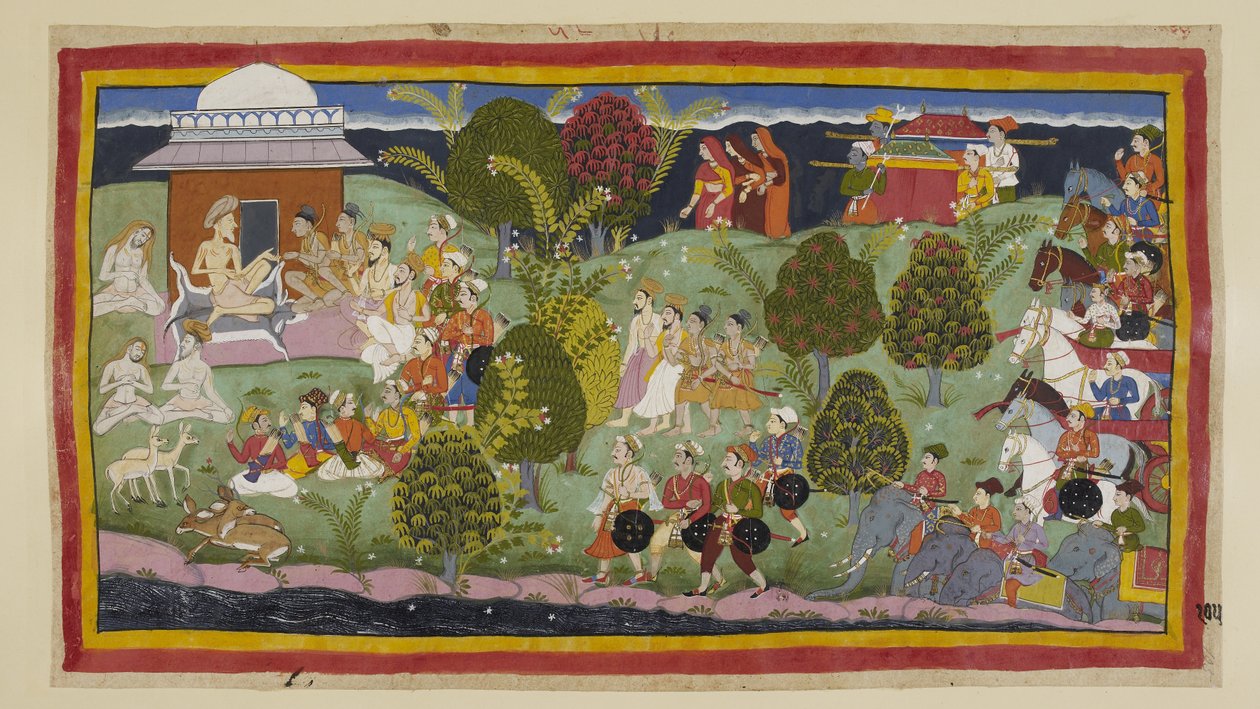 Lägg till 15296 (1) f.105r, De två prinsarna, brahminerna och ministrarna närmar sig eremitaget Bharadvaja till fots, med de tre drottningarna på avstånd över horisonten följt av sina kullar. Armén med sina elefanter och vagnar väntar bakom. På l av Indian School