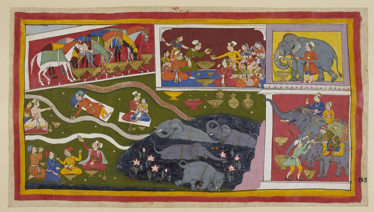 Lägg till 15296 (1) f.107r, Hästarna, elefanterna och soldaterna njuter också av Bharadvajas gästfrihet. Hästarna, trasslade och tjudrade, äter av stora gyllene fat; likaså elefanterna, presenterade här med sockerrör. Elefanterna badar i en lotussjö int av Indian School