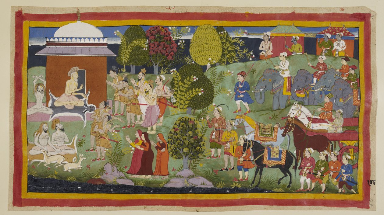 Lägg till 15296 (1) f.108r, Bharadvaja, som sitter utanför sin hydda tillsammans med andra asketer och rådjur, frågar prinsarna om de har njutit av hans gästfrihet. Han berättar för dem och deras följeslagare att Rama bor i Citrakuta. På hans begäran har p av Indian School