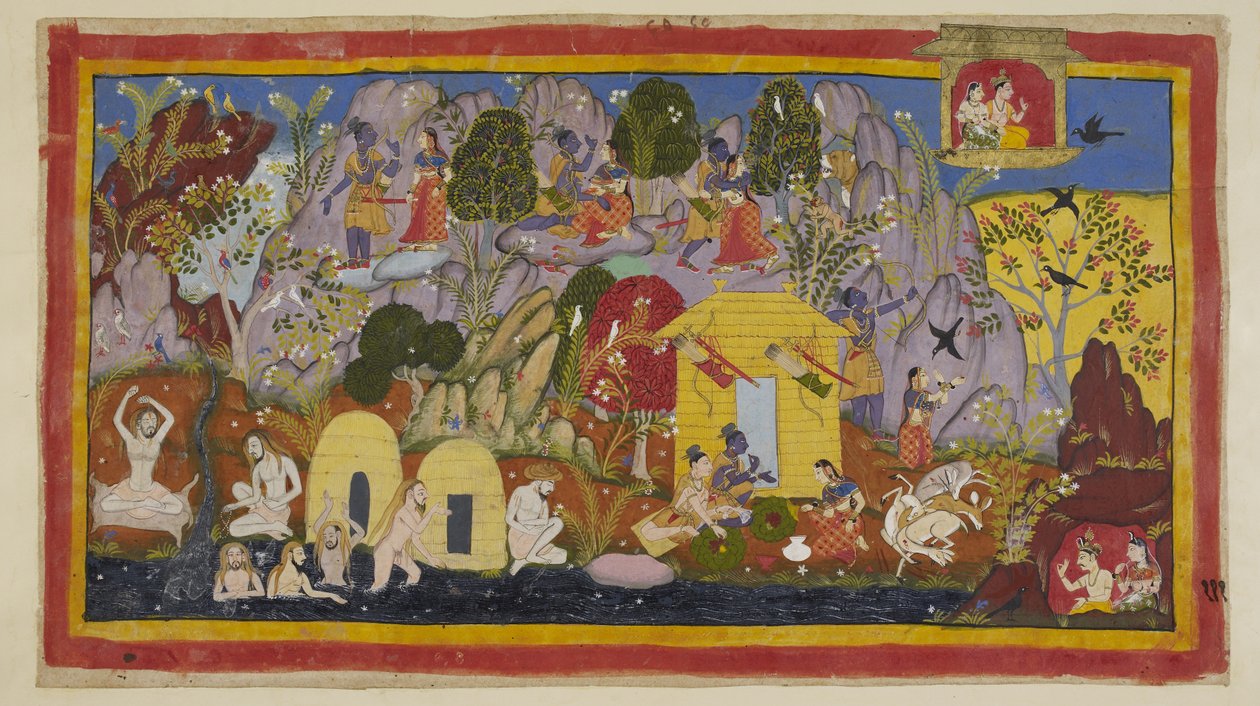 Lägg till 15296 (1) f.111r, Under tiden är allt lugnt med de landsförvisade i deras boning på berget Citrakuta. Rama framhåller dess skönhet Sita - de många varianterna av vackra träd och fåglar, klipporna färgade av ädelstenar och mineraler, och Mandakina av Indian School