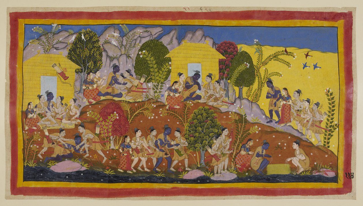 Lägg till 15296 (1) f.114r, Överst i mitten kastar sig Bharata och Shatrughna för Ramas fötter, som omfamnar sina yngre bröder och luktar på Sitaeirs huvuden. Rama tar dem i sitt knä när han frågar efter deras och deras fars välfärd, och h av Indian School