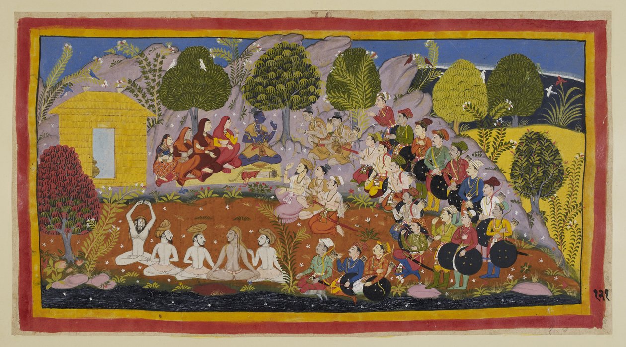 Lägg till 15296 (1) f.121r, Rama sitter på en matta vänd mot de två bröderna, med de tre drottningarna och Sita till höger om honom. Bharata fortsätter att uppmana Rama att återvända till Ayodhya för att bli krönt, med argumentet att deras far hade syndat  av Indian School