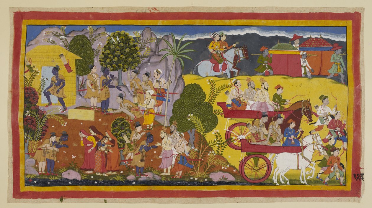 Lägg till 15296 (1) f.126r, Trots bön från hans bror att återvända för att styra Ayodhya, står Rama Ramains orubbligt fast vid sin fars befallning. Han lyckas äntligen övertala Bharata att styra kungariket tills han återvänder efter fjorton år. Bharata re av Indian School