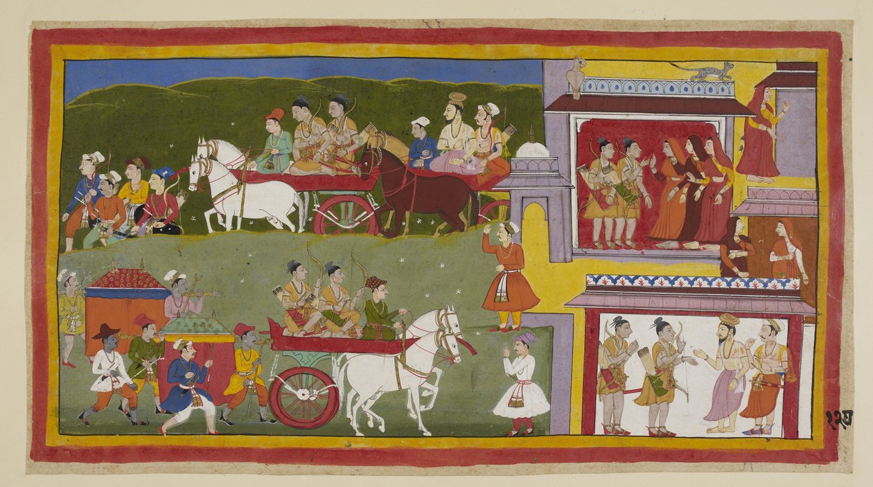 Lägg till 15296 (1) f.127r, processionen återvänder till Ayodhya, längs målningens botten, där den sorgsna och öde staden är tillhåll för katter och ugglor. Bharata och Shatrughna tar avsked med drottningarna och säger till Vasistha att de kommer att dra s av Indian School