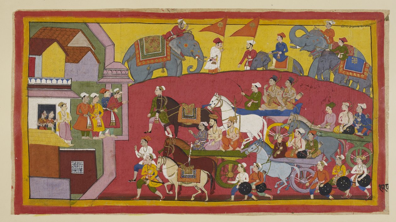 Lägg till 15296 (1) f.128r, Vasisthas och prinsarnas vagnar, med deltagande av olika ministrar och människor, går in i staden Nandigrama. av Indian School