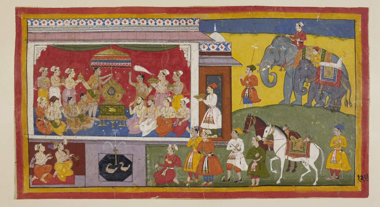 Lägg till 15296 (1) f.129r, I tronrummet vid NandigRama placerar Bharata Ramas sandaler på tronen och installerar dem tillsammans med de församlade prästerna och ministrarna som härskare över Ayodhya. De behandlas hädanefter som Rama själv. De två prinsarn av Indian School