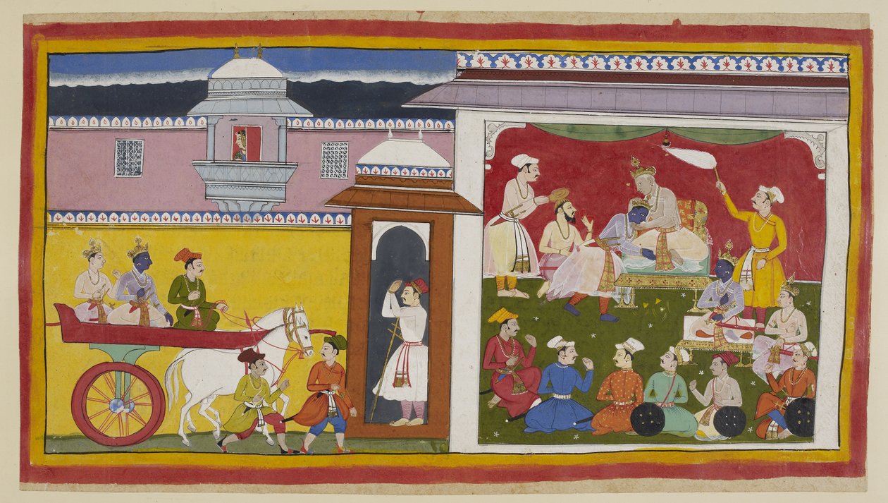 Lägg till 15296 (1) f.12r, Sumantra för Rama och Laksmana i en vagn till Dasarathas durbar-hall, med en kvinna som tittar ner från ovan genom en jharokha. Kungen hälsar Rama, informerar honom om sitt beslut och sätter honom på en liten tron bredvid sig med av Indian School