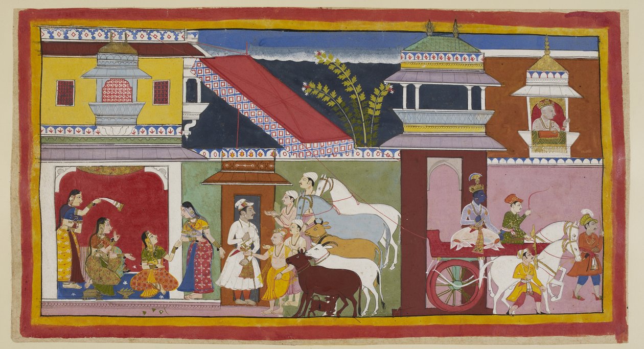 Lägg till 15296 (1) f.13r, Till höger lämnar Rama Dasarathas palats i en vagn för att återvända till sitt eget palats, medan kungen ovanför ser ut genom ett matta jharokha-fönster på sin avgående son; till vänster, män som förmedlar nyheter om Ramas upphöj av Indian School