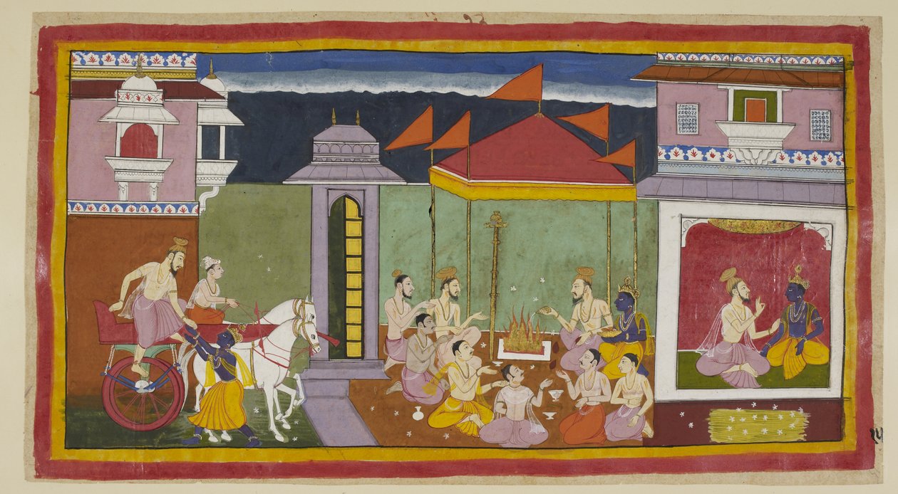 Lägg till 15296 (1) f.15r, Till vänster anländer Vasistha till Ramas palats och stiger med Ramas hjälp av sin vagn, och till höger, sittande med Rama, råder han honom att iaktta en fasta den natten enligt instruktioner från kungen. En hög med kusagräs för  av Indian School