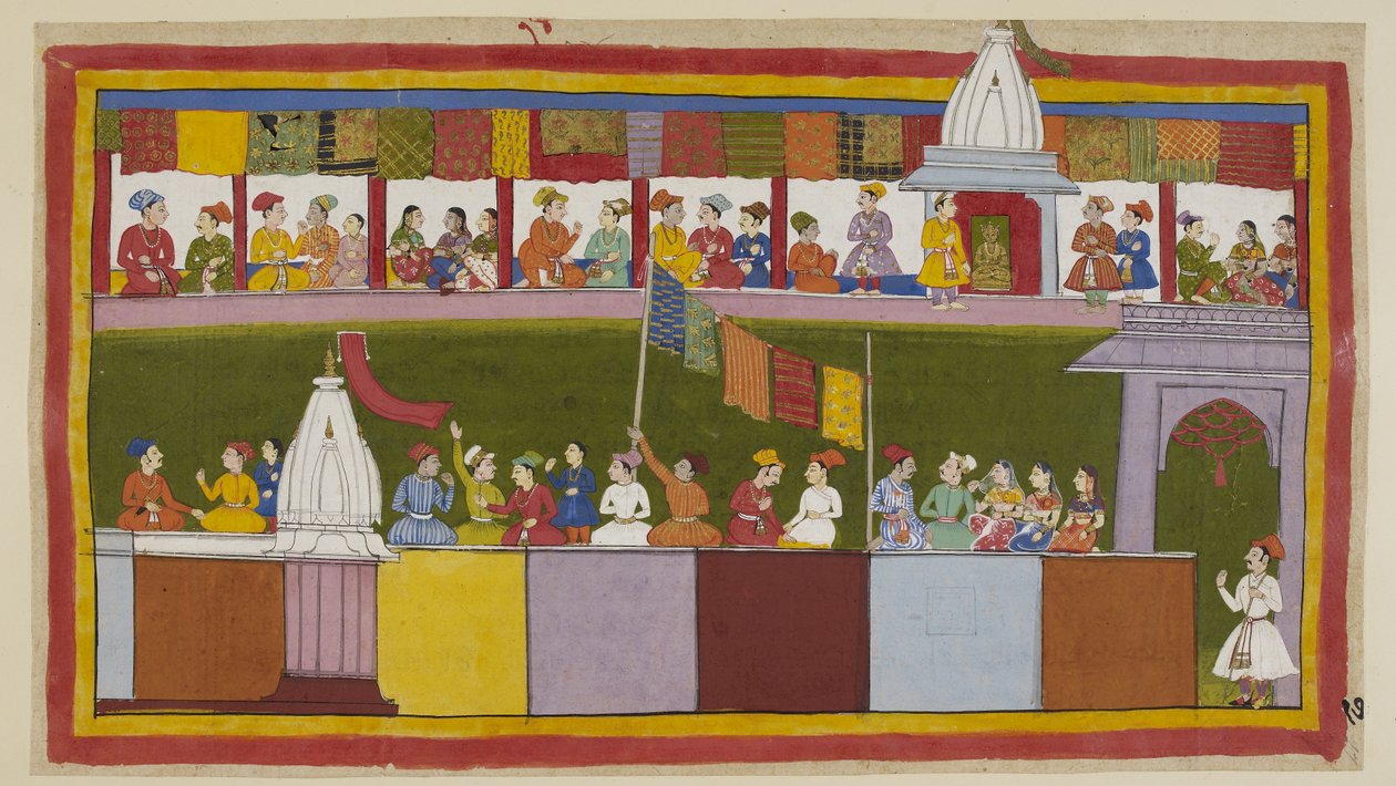 Lägg till 15296 (1) f.17r, Samma gata i staden Ayodhya är nu fullt dekorerad, med folket som väntar på processionen. De berättar för varandra hur klok kungen är och hur lyckligt lottade de är som har Rama som sin nya beskyddare. av Indian School