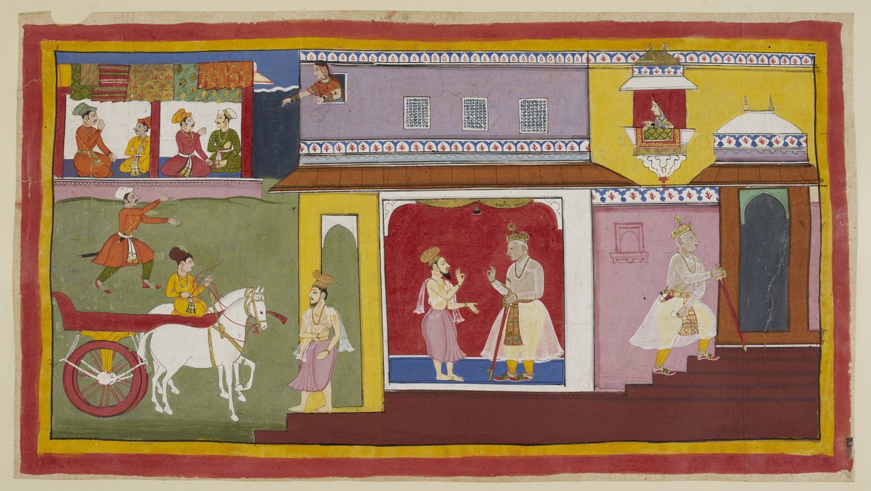 Lägg till 15296 (1) f.18r, Vasistha återvänder till palatset och säger till Dasaratha att allt är förberett för ceremonin. Dasaratha drar sig tillbaka till en inre kammare i palatset. Ovanför tittar Kaikeyis tjänare Manthara ut genom ett övre fönster och o av Indian School