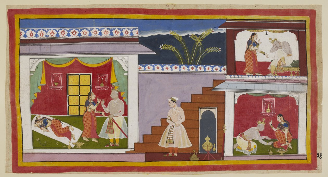 Lägg till 15296 (1) f.24r, Kaikeyi ses först till vänster sova rufsig, som på föregående bild, och reser sig sedan från sin säng för att övertala sin man att ge henne de två välsignelser som Dasaratha tidigare hade lovat henne. Till höger är Dasaratha förs av Indian School