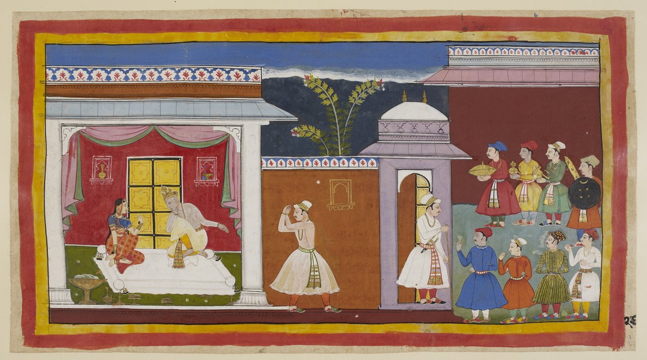 Lägg till 15296 (1) f.27r, Vasistha har sagt till Sumantra att berätta för kungen att allt är klart, och han informerar Dasaratha om detta. Han blir tillsagd av Kaikeyi, med Dasarathas tysta samtycke, att hämta Rama. Utanför palatsingången till höger, medb av Indian School