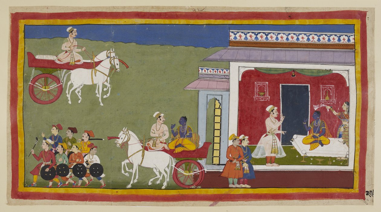 Lägg till 15296 (1) f.29r, Sumantra anländer i en vagn till Ramas palats, hittar honom sittande på en soffa, nu klädd i gul dhoti och uttaraiya snarare än sin tidigare samtida kostym, och med Sita viftande med en halsduk över sig. Hans panna är smord med r av Indian School