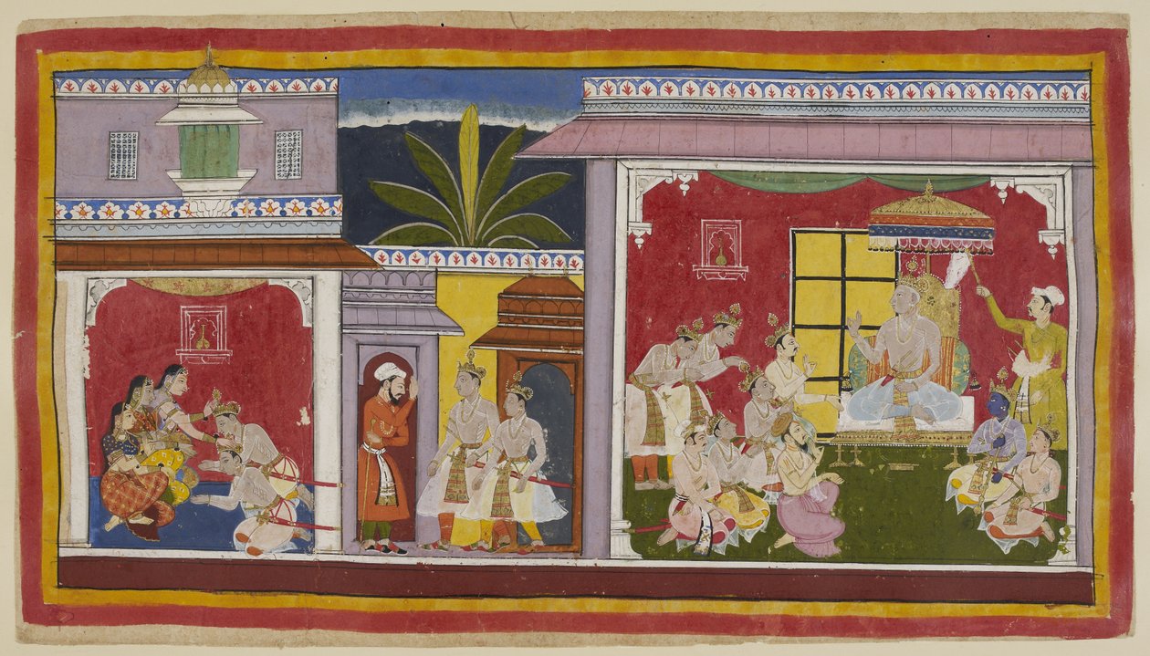 Lägg till 15296 (1) f.2r, I tronrummet i Ayodhya (höger) sitter kung Dasaratha med sina fyra söner, sin minister Sumantra och sin överstepräst Vasistha. Yudhajit, drottning Kaikeyis bror och Bharatas morbror, har kommit för att ta Bharata på besök av Indian School