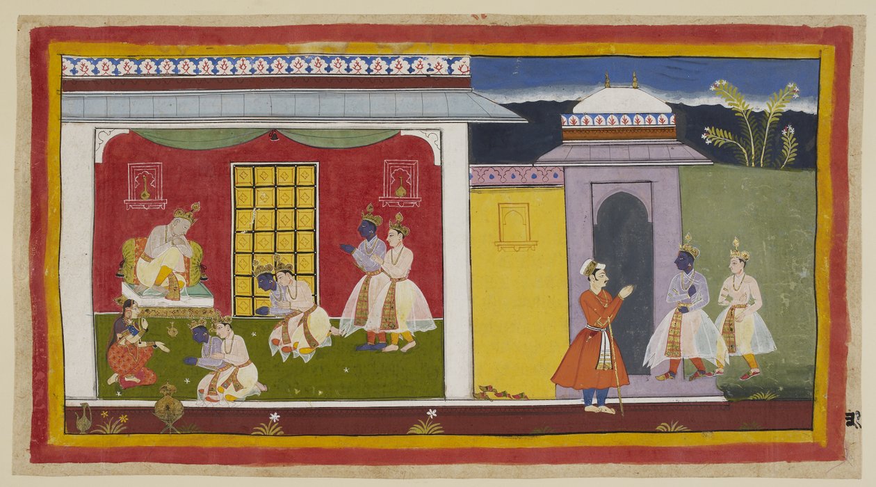 Lägg till 15296 (1) f.31r, Rama och Laksmana till höger, med Rama nu förvandlad till modern hovdräkt, närmar dig porten till Kaikeyis palats och lämnar sina sandaler vid dörren och kom in i publikkammaren. De knäböjer respektfullt inför dej av Indian School