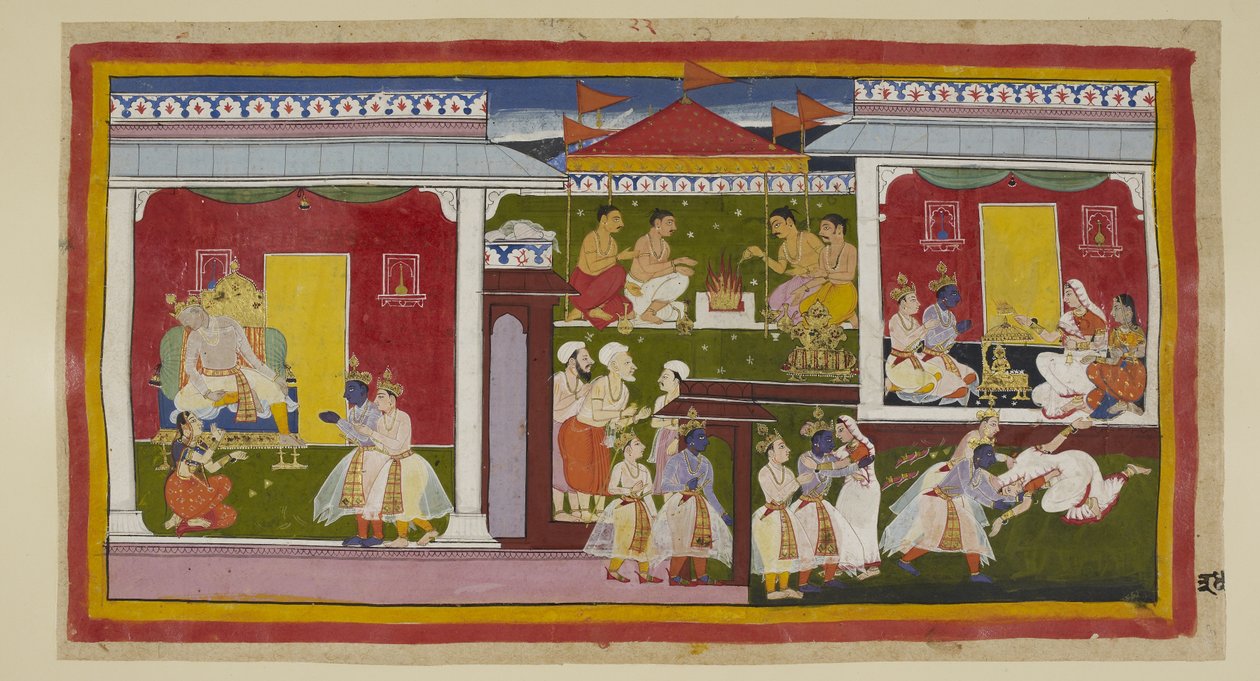 Lägg till 15296 (1) f.34r, Rama accepterar sin förvisning med fullkomlig jämnmod, och han och Laksmana tar avsked från Kaikeyi och Dasaratha, som med nedsänkt huvud och bortvänd blick inte kan förmå sig att se på sin son. Han och Laksmana lämnar Kaikeyis p av Indian School