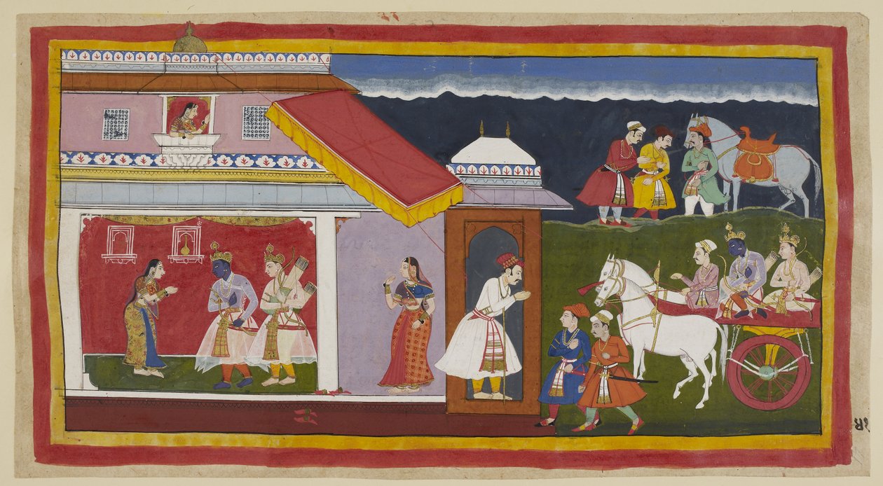 Lägg till 15296 (1) f.41r, Efter att äntligen ha övertalat sin mor och bror att lugnt acceptera hans öde, återvänder Rama och Laksmana till sitt eget palats i vagnen, Ramas huvud böjt i sin vanliga ödmjukhet. De möts av Sita, som först har sett honom från  av Indian School