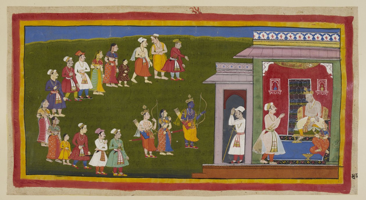 Lägg till 15296 (1) f.48r, Rama och Laksmana, klädda som förut men beväpnade med svärd, båge och pilar, åtföljda av Sita, har gått ödmjukt genom gatorna myllrade av sörjande människor till sin fars palats. Sumantra tillkännager dem för den tronade Das av Indian School