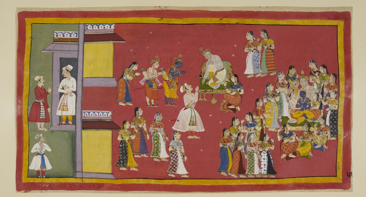 Lägg till 15296 (1) f.50r, Dasaratha hade tidigare beordrat Sumantra att kalla sina drottningar och alla hans fruar, som nu omringar kungen när Sumantra för in de landsförvisade för att ta deras farväl. Dasaratha försöker övertala Rama att inte gå till sko av Indian School