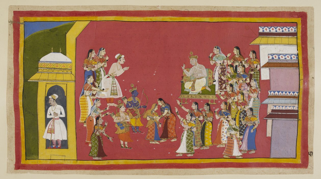 Lägg till 15296 (1) f.51r, Andra har försökt resonera med Kaikeyi utan resultat, och hon förblir beslutsam. Dasaratha har uppmanat Rama att skjuta upp ett tag, men han är fixerad i sin beslutsamhet att inte längre skjuta upp sin avresa. Allt han tar med si av Indian School