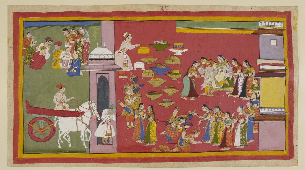 Lägg till 15296 (1) f.53r, Till höger, när han ser sina söner och Sita klädda i barkrockar, förlorar Dasaratha medvetandet och faller från tronen. De tre exilerna knäböjer inför drottningarna. Sita omfamnas av Kausalya, som påminner henne i onödan om att h av Indian School