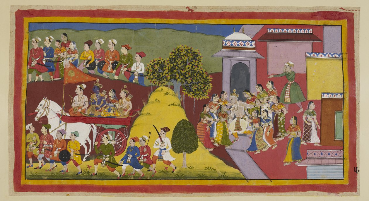 Lägg till 15296 (1) f.57r, Rama, outhärdligt bedrövad vid åsynen av sina åldrade föräldrar som springer desperat efter vagnen, har uppmanat föraren. Vagnen passerar bakom en kulle, fortfarande omgiven av stadsborna, medan Dasaratha, som har sprungit efter  av Indian School