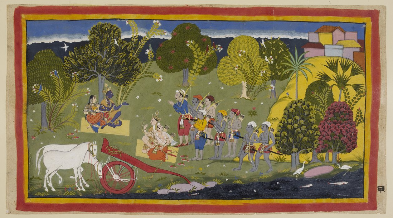 Lägg till 15296 (1) f.63r, följeslagarna har nått floden Ganga vid Srngaverapura Rama och Sita sitter på en matta av halm under ett träd, menat att vara ett Ingudi-träd, medan Laksmana och Sumantra på samma sätt sitter vända mot dem. Hästarna har varit osk av Indian School