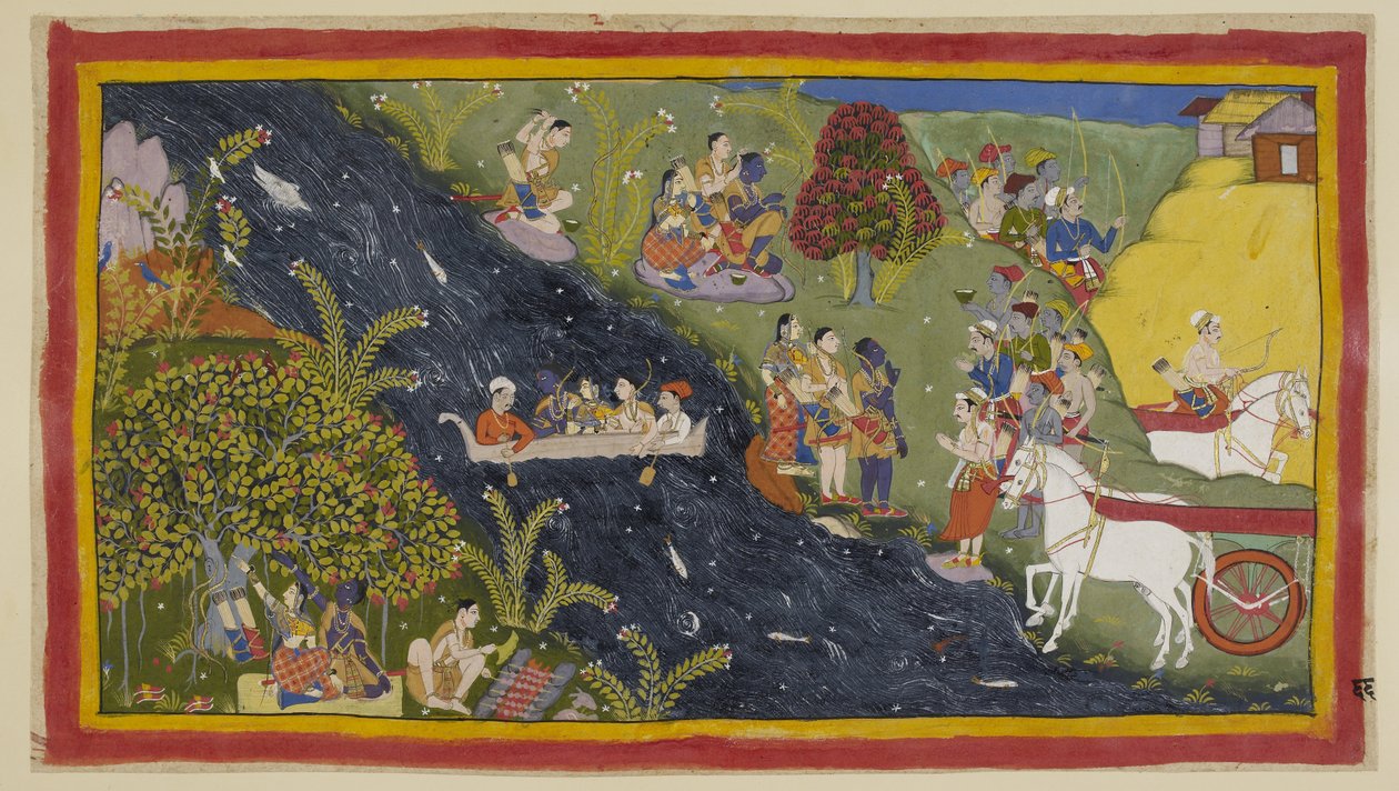 Lägg till 15296 (1) f.66r, följeslagarna har nått floden Ganges och Guha, Nisada-hövdingen, har kommit för att hälsa på dem tillsammans med några av hans folk från deras närliggande stad. Rama ber honom att tillhandahålla en båt så att de kan korsa floden. av Indian School