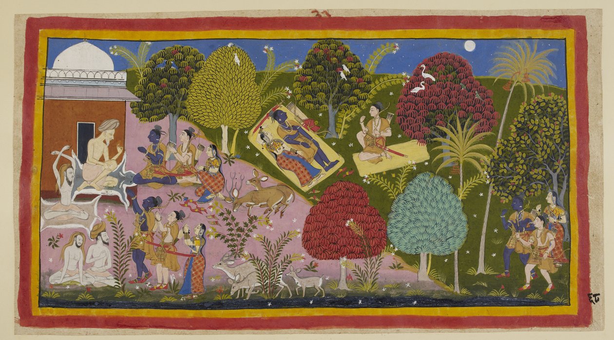 Lägg till 15296 (1) f.68r, Högst upp i mitten övernattar de tre i skogen. Sita och Rama ligger på en matta, hans svärd och pilbåge bredvid honom, medan Laksmana som sitter på hans matta tillrättavisar Rama för att ha gett vika för sorg. Längst ner fortsätt av Indian School