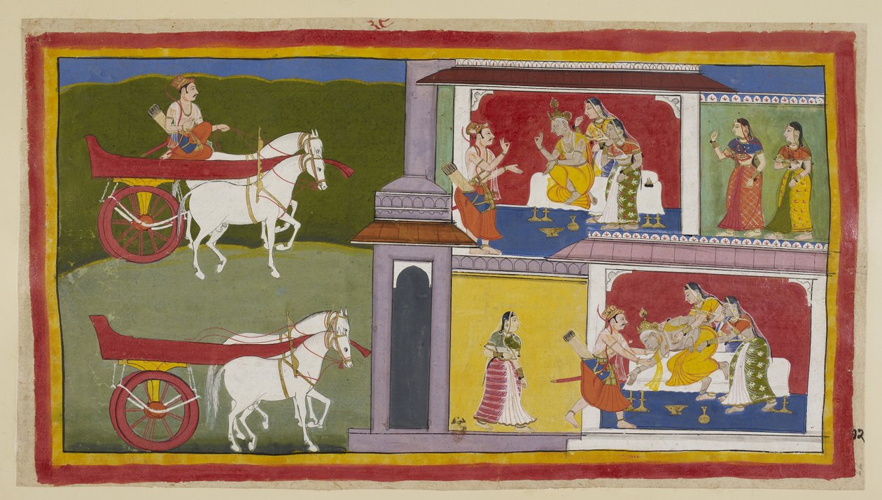 Lägg till 15296 (1) f.72r, Till vänster återvänder Sumantra till Ayodhya och går in i palatset för att ge Ramas sista budskap till kungen, som sitter med Kausalya och Sumitra bredvid sig. Kungen faller i svimning och fångas av Sumantra och drottningarna. av Indian School