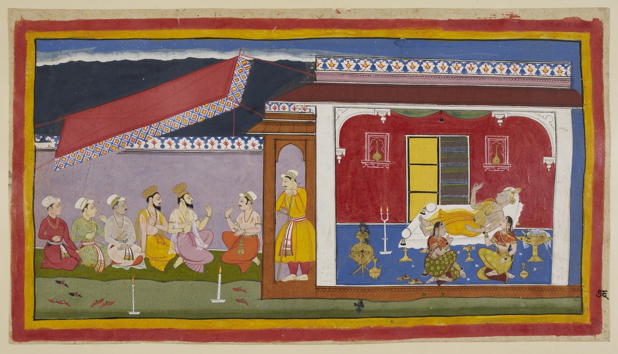 Lägg till 15296 (1) f.76r, Dasaratha ligger på sin säng i sin kammare, de två drottningarna sitter bredvid honom, alla tre i attityden av samtal, medan de försöker trösta varandra. Utanför rummet är brahminer och ministrar i samtal med Sumantra. den av Indian School