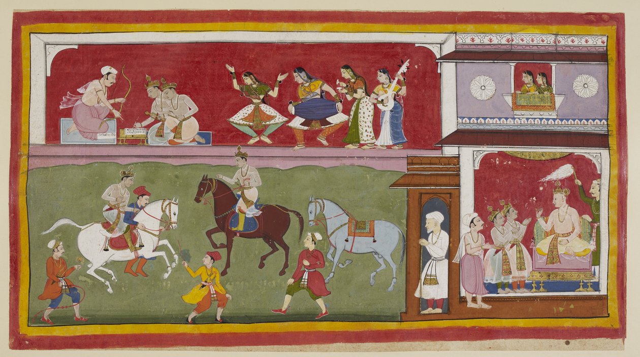 Lägg till 15296 (1) f.7r, Till höger i palatset ber prinsarna kungen om lärare i religion, konst och vetenskap, medan två damer ovanför ett heltäckat jharokha-fönster ser ner på dem till vänster när de övar ridning på motionsplanen. av Indian School