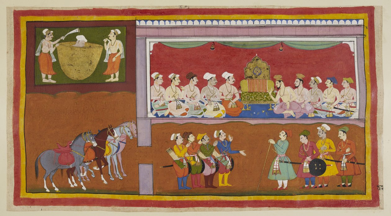 Lägg till 15296 (1) f.82r, I hans söners frånvaro läggs kungens kropp i en kittel med olja, med skötare som vördnadsfullt fläktar den, medan ministrar och brahminer i durbarsalen diskuterar vad de ska göra, på vardera sidan om det lediga. tron. Vasistha be av Indian School