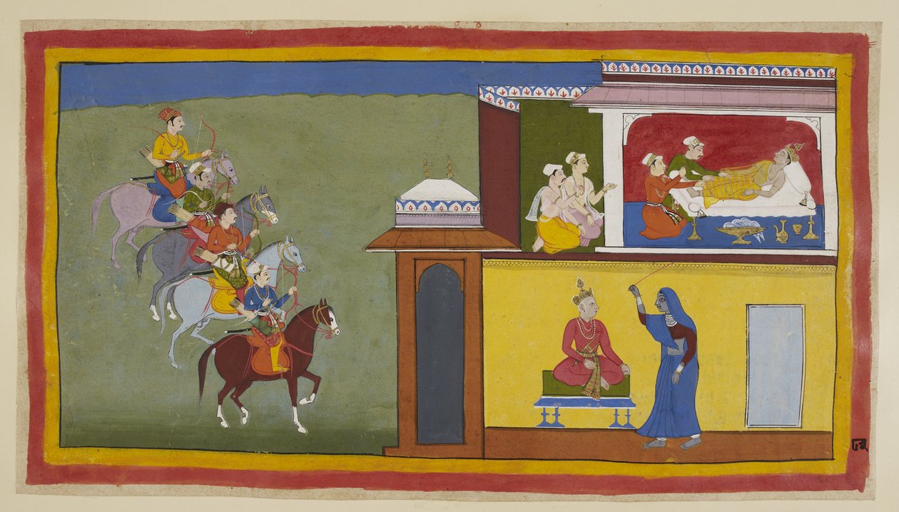 Lägg till 15296 (1) f.83r, De fyra budbärarna till häst närmar sig staden Kekaya, medan skötare försöker väcka Bharata, som har haft alarmerande drömmar om sin far. I en av dem, som visas nedan, klädde kungen sig enkelt och satte sig på ett strykjärn (här  av Indian School