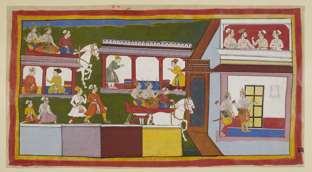 Lägg till 15296 (1) f.85r, Prinsarna i sin vagn kör genom huvudgatan i Ayodhya och undrar över förändringen i staden sedan de lämnade den, och går sedan in i palatset med ifrågasättande gester. I ett övre rum samlas en brahmin och tre ministrar av Indian School