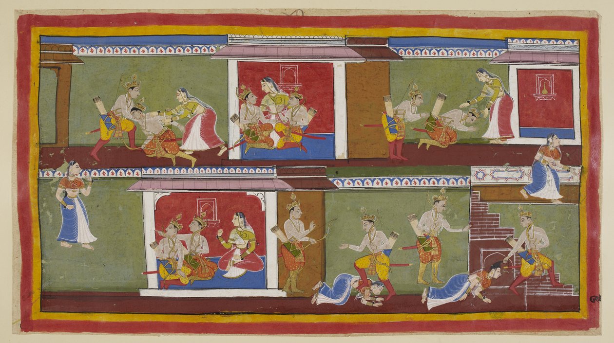Lägg till 15296 (1) f.89r, Längst upp till höger hälsar Bharata och Shatrughna på Kaikeyi, som tar dem i sitt knä, och de samtalar om de senaste händelserna. Bharata faller och svimmar när han hör om sin fars död och vad hans mamma har gjort för att säkra av Indian School