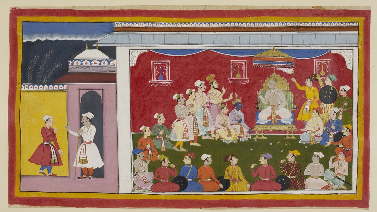 Lägg till 15296 (1) f.8r, Dasaratha sitter på sin tron i full durbar, med Rama och Laksmana på knä bredvid honom, medan budbäraren skickad av Bharata från sin farfars hov berättar för Sitae kung hur flitigt hans andra två söner studerar. En ring av c av Indian School