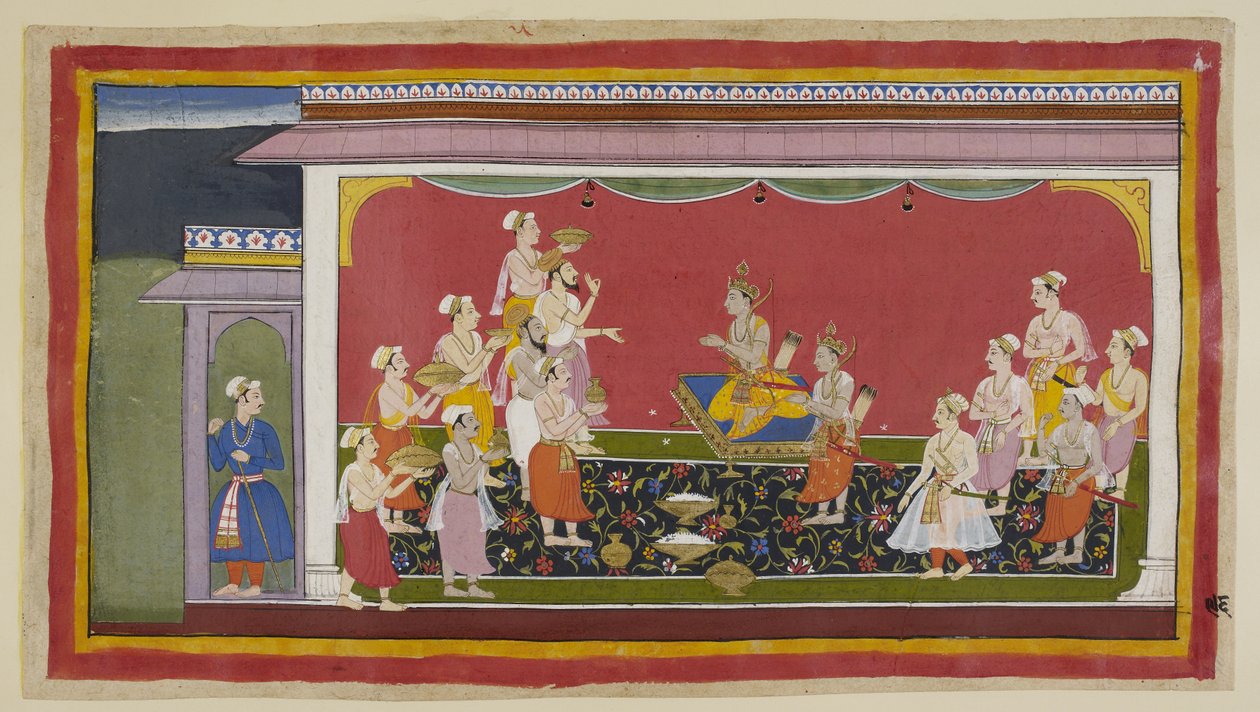 Lägg till 15296 (1) f.96r, Bharata och Shatrughna har utfört sin fars begravningsriter och fjorton dagar senare, efter den föreskrivna sorgeperioden, tar prästerna under ledning av Vasistha och ministrar de nödvändiga artiklarna för kröning till Bharata i av Indian School