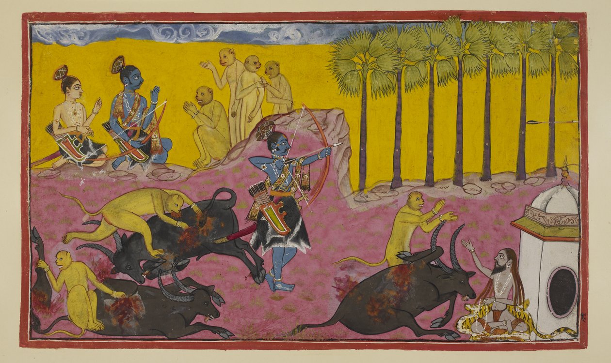 Lägg till 15296 (2) f.12r, Sugriva och hans apor, som ses överst till vänster, fortsätter att berätta för Rama och Laksmana historien om Bali och Dundubhi. Bali var så kraftfull att han kunde slita demonens lem från lem och sedan kasta kadavret upp i lufte av Indian School