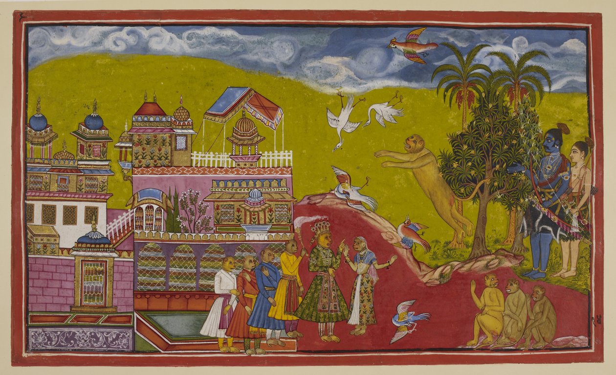 Lägg till 15296 (2) f.14r, Sugriva och hans allierade har kommit till Balis palats i Kiskindha. Sugriva vrålar sin utmaning till sådan effekt att fåglarna faller upp från himlen av skräck. Bali, hans drottning Tara och hans ministrar har dök upp när de hör av Indian School