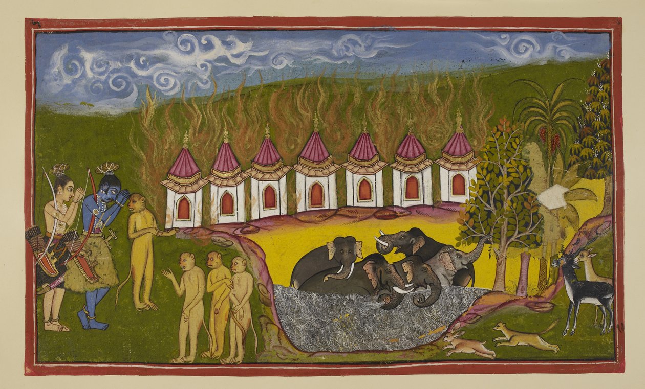 Lägg till 15296 (2) f.15r, Sugriva har besegrats och förebrår Rama för att han inte hjälpte honom, men Rama säger till honom att han inte kunde skilja mellan honom och hans bror. På väg tillbaka till Kiskindha för att förnya sin utmaning, hälsar Rama och L av Indian School
