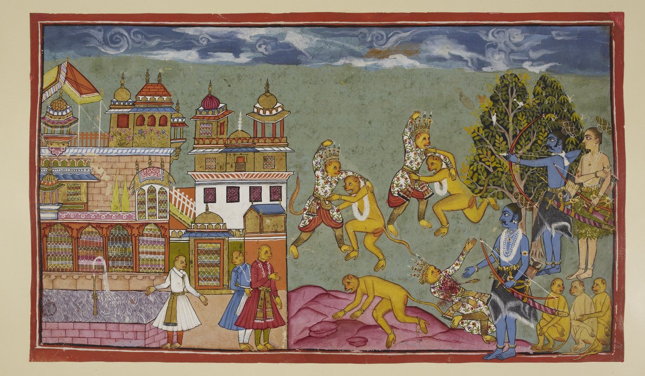 Lägg till 15296 (2) f.18r, Utanför palatset buffrar Sugriva och Bali varandra rasande med knytnävar och spikar och river sedan upp träd och stenar, men Bali är desto starkare och sakta tvingas Sugriva ge mark. När Rama ser att Sugriva förlorar, k av Indian School