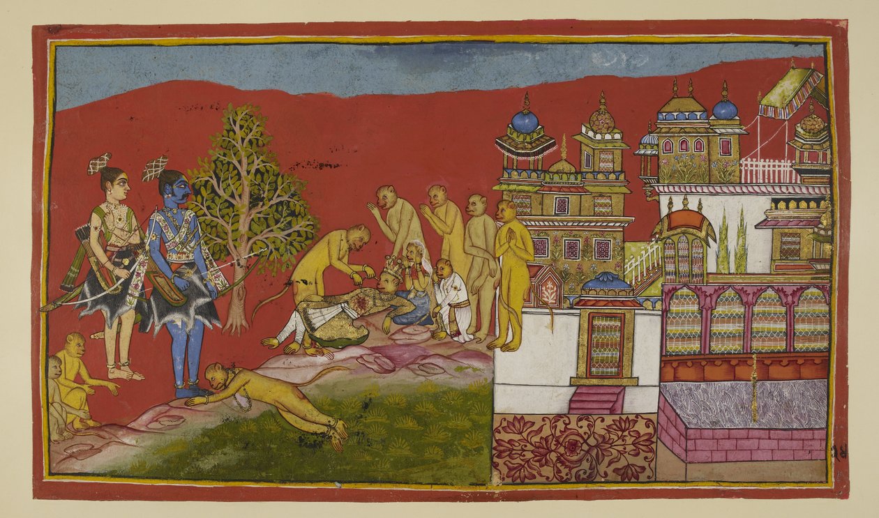 Lägg till 15296 (2) f.24r, Utanför palatset ligger Bali döende. Tara och deras son Angada har kommit ut från palatset för att sörja honom, medan Hanuman och de andra aporna tröstar dem. Bali återupplivas från sin svimning för att berätta för Sugriva att ha av Indian School