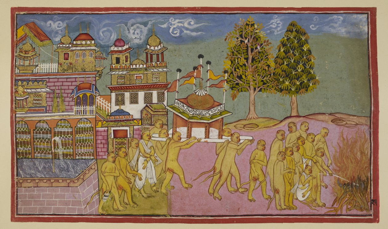 Lägg till 15296 (2) f.25r, Balis kropp, täckt i vitt, bärs i en kupolformad och flaggad palanquin från palatset och konsumeras i ett begravningsbål, med Sugriva och Angada som leder begravningsriterna. av Indian School