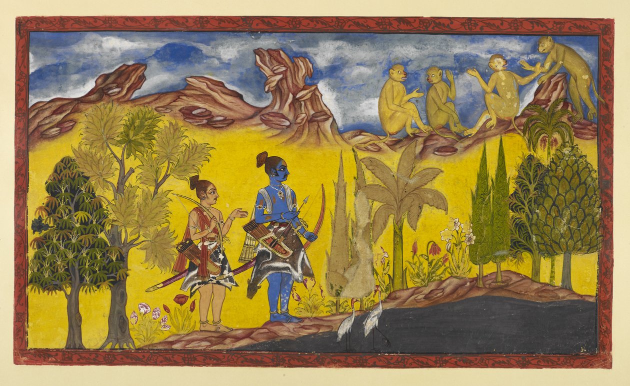 Lägg till 15296 (2) f.2r, I deras desperata sökande efter den bortförda Sita, har Rama och Laksmana kommit till Pampa sjön, som är täckt av lotusblommor och omgiven av blommande träd. Det är vårsäsong och Rama blir ständigt påmind av parningsbi av Indian School
